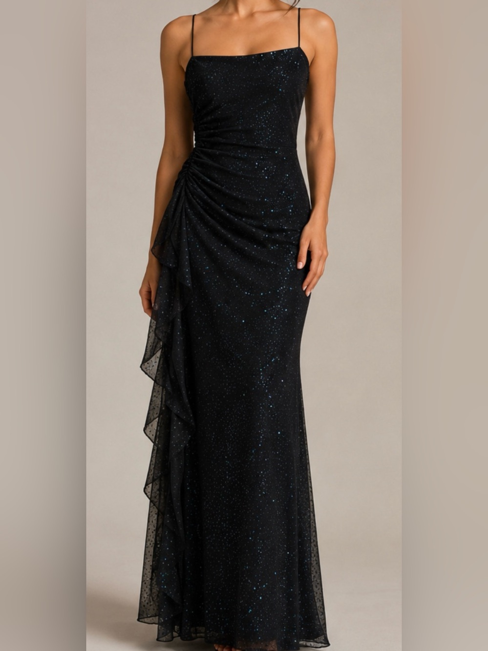 City Triangles Vintage Y2K Black Glitter Ruched Formal Prom Maxi Dress S